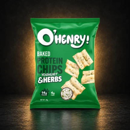O’Henry baked protein chips yogurt and herbs product package