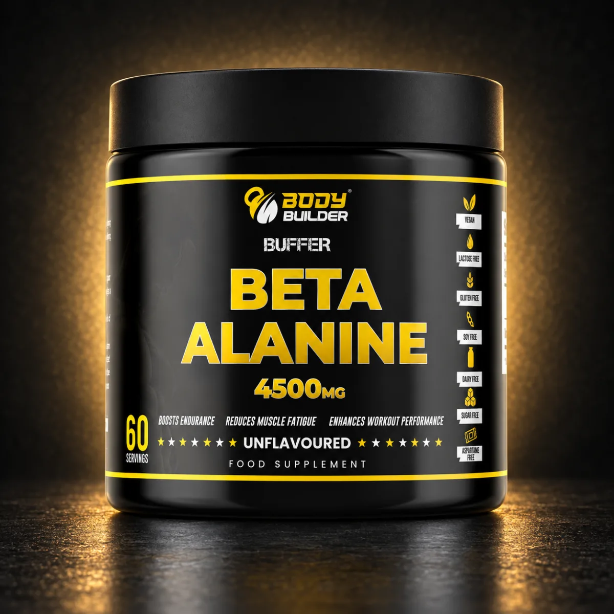 Body Builder Beta Alanine Unflavoured 270g Body Builder Beta Alanine unflavoured tub, 60 servings, front of pack