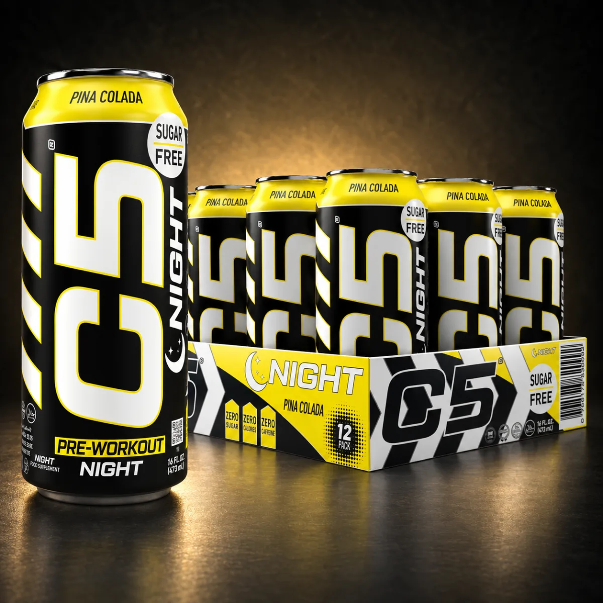 C5 Night Pina Colada 12 Pack C5 Night Pina Colada 12 Pack on BroTein dark gold background