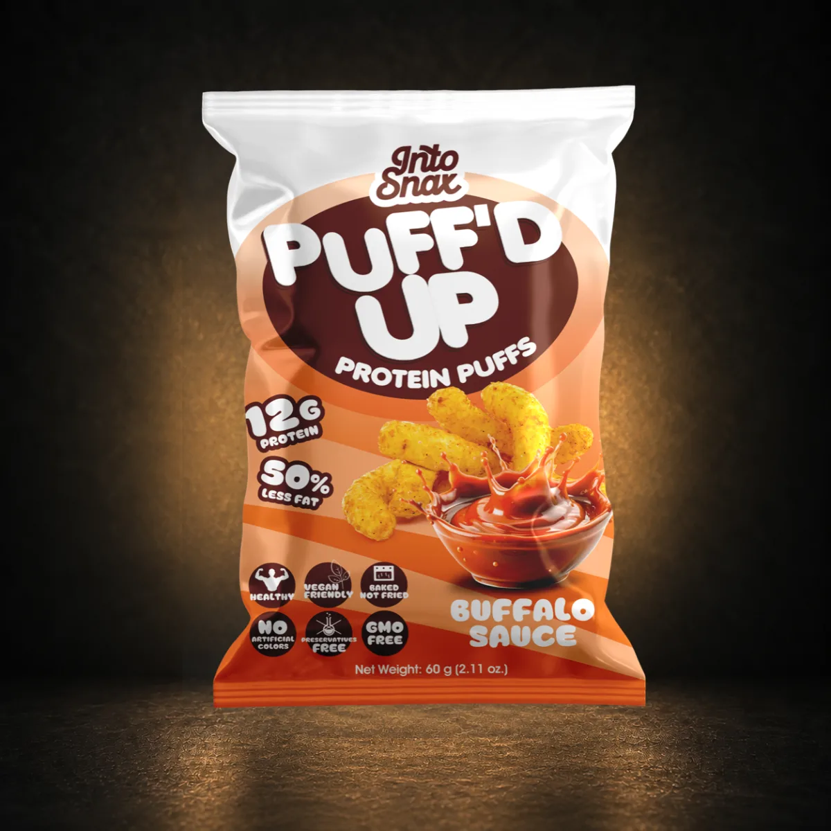 Grito Snax Puff'd Up Buffalo Sauce Protein Puffs 60g Grito Snax Puff'd Up Buffalo Sauce protein puffs single 60g bag