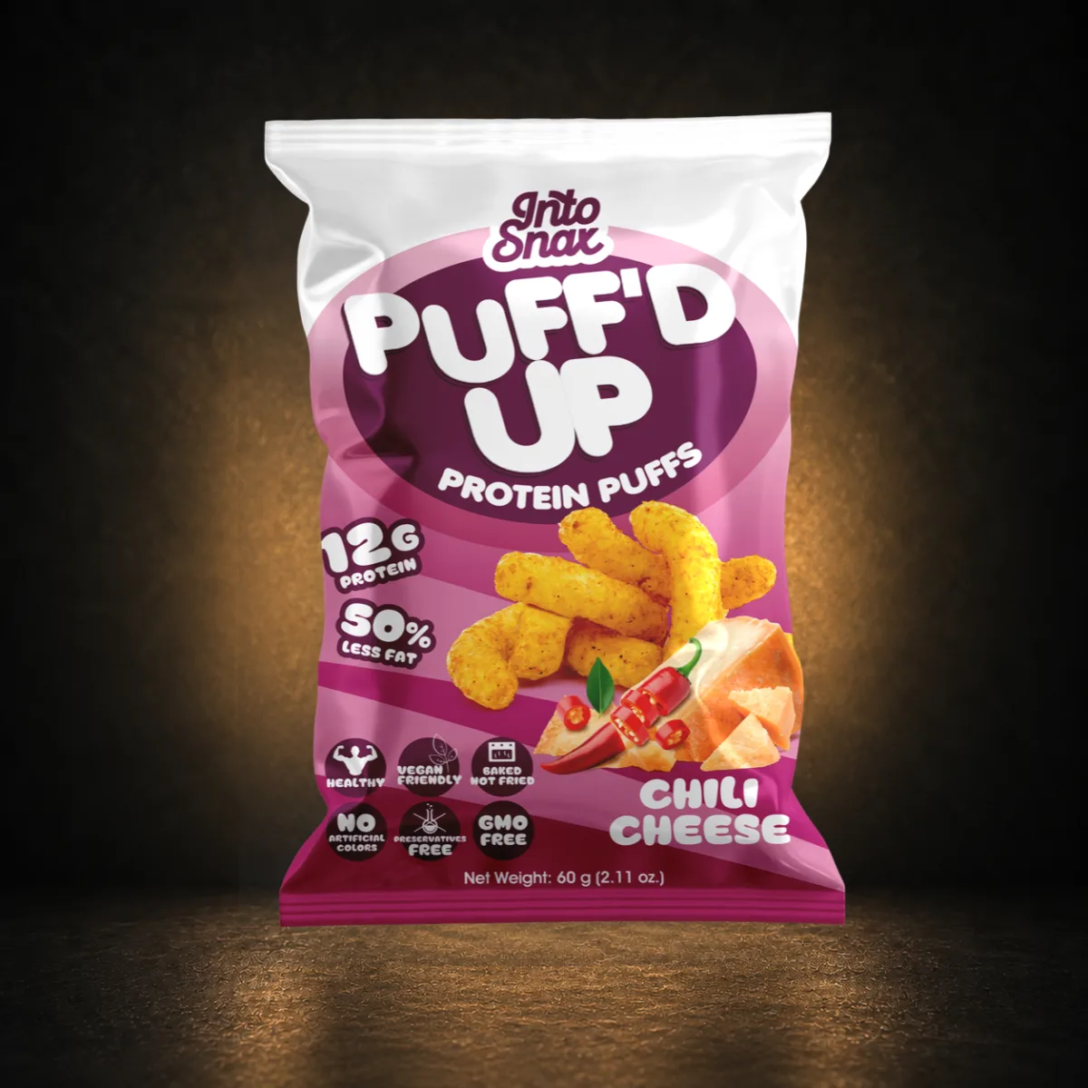 Grito Snax Puff'd Up Chilli Cheese Protein Puffs 60g Grito Snax Puff'd Up Chilli Cheese protein puffs single 60g bag