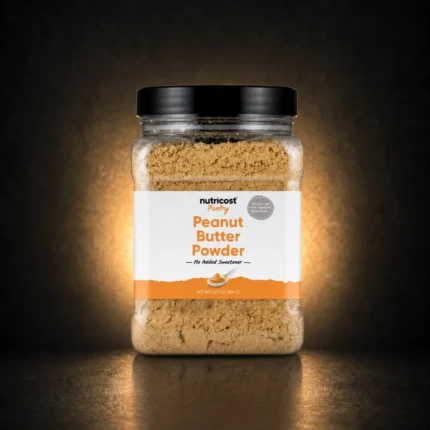 Nutricost Peanut Butter Powder 12.7 oz on BroTein dark gold background