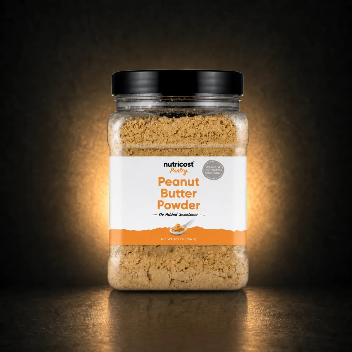 Nutricost Peanut Butter Powder 12.7 oz Nutricost Peanut Butter Powder 12.7 oz on BroTein dark gold background
