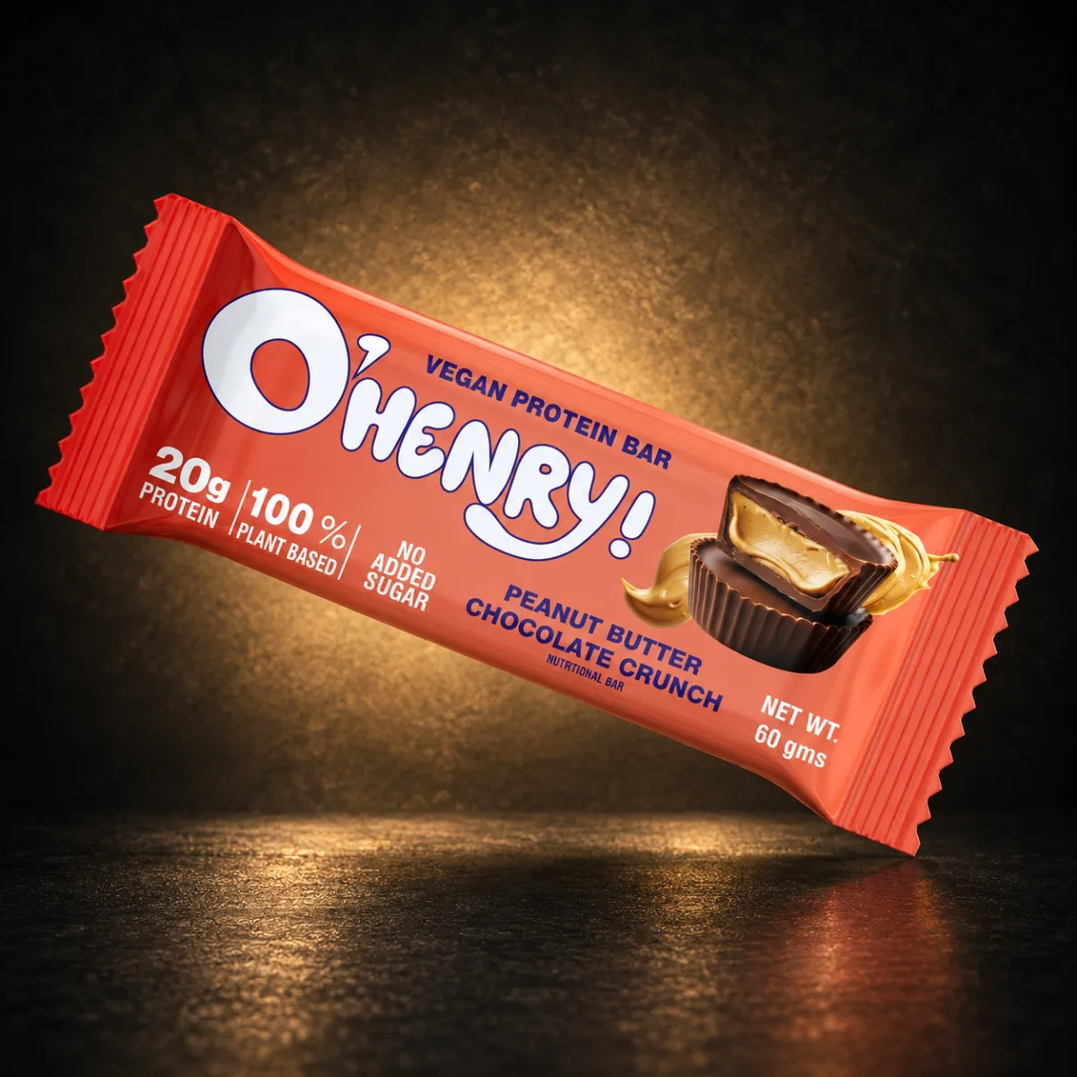 O'Henry Vegan Protein Bar Peanut Butter Chocolate Crunch 60g O'Henry Vegan Protein Bar Peanut Butter Chocolate Crunch 60g on BroTein dark gold background
