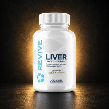Revive Liver Support 120 Vegetarian Capsules on BroTein dark gold background