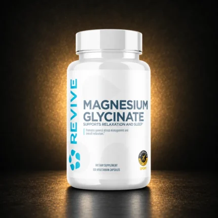 Revive Magnesium Glycinate 120 Vegetarian Capsules on BroTein dark gold background