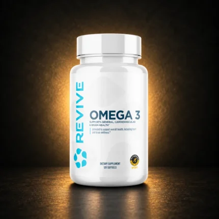 Revive Omega 3 120 Softgels on BroTein dark gold background